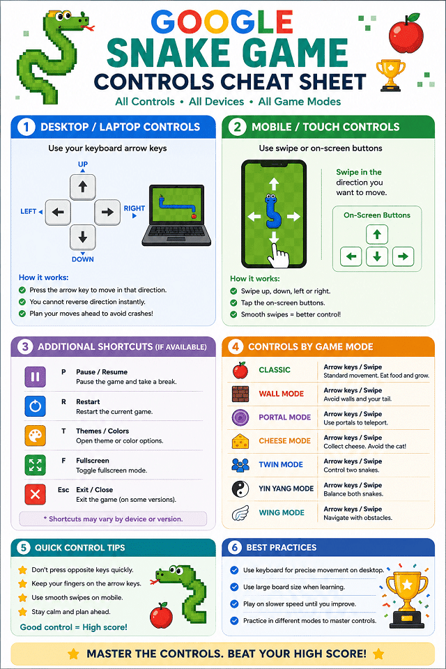 Google Snake Game Controls Cheat Sheet