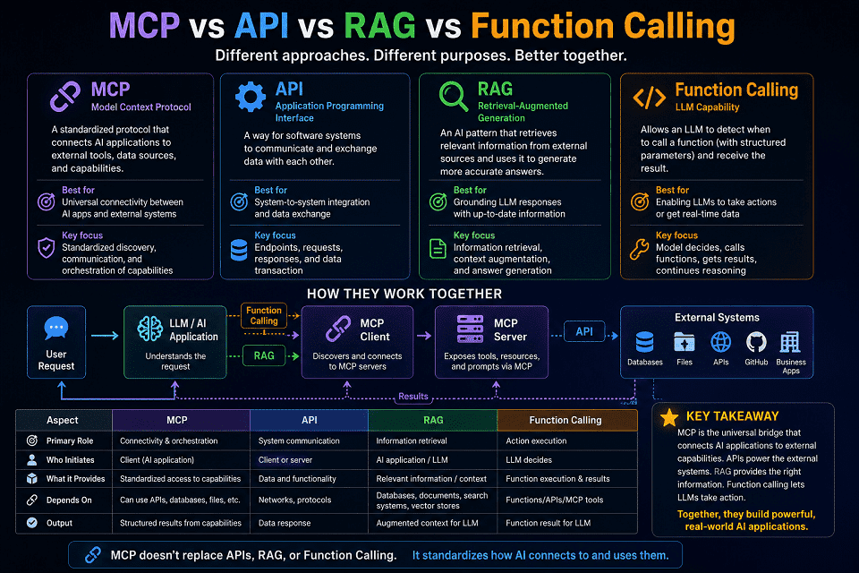 MCP vs API vs RAG vs Function Calling Infographic