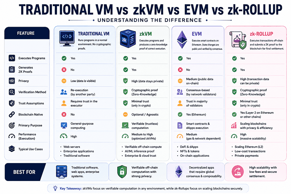 Traditional VM vs zkVM vs EVM vs zk-Rollup