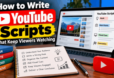 How to write YouTube scripts with a script outline, hook, main points, and visual cues.