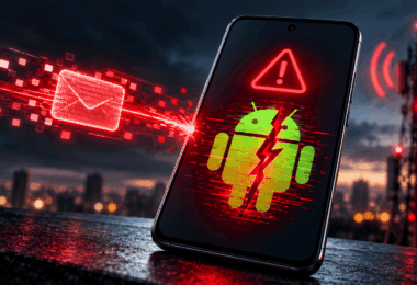 SMS of Death Android vulnerability showing a malicious message targeting an Android phone.