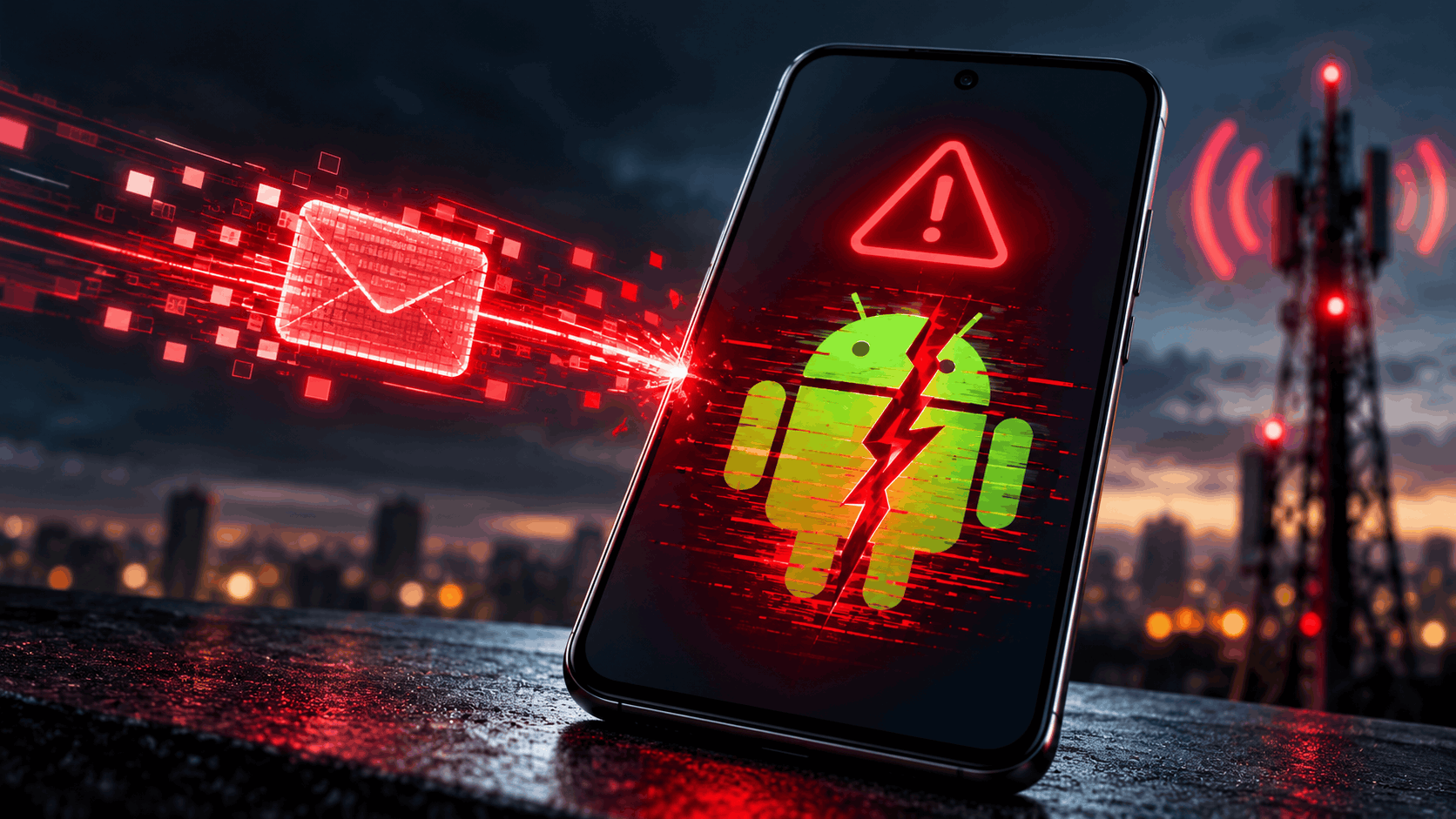 SMS of Death Android vulnerability showing a malicious message targeting an Android phone.